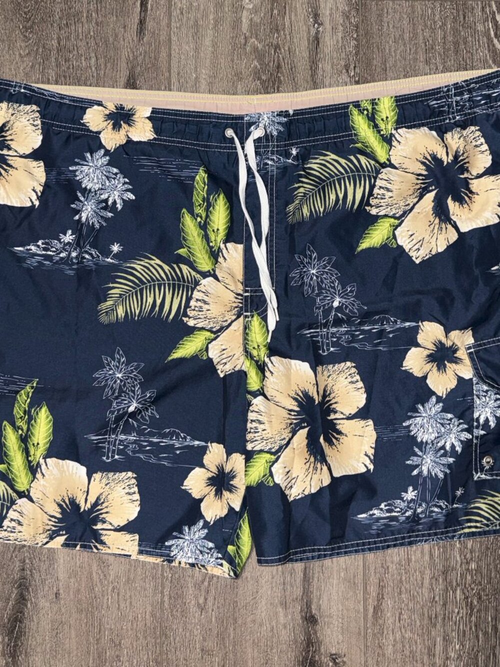 Croft & Barrow Mens XXL Swim Trunks Blue Floral Hibiscus Board Shorts W/Pocket